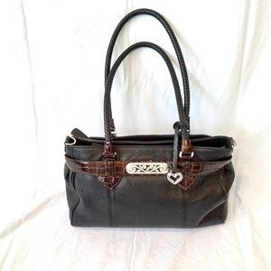 Large Brighton Soft Leather Black Pebbled with Brown Crocodile Trim Bag E460542